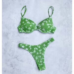 Triangle‎ Bikini Smocked Textured Ruched Elastic Swimsuit Two Piece